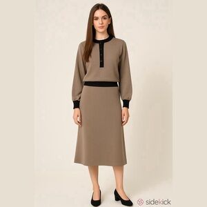 Eaton Vintage 100% Wool Medium Taupe Two Piece Set Skirt Long Sleeve Sweater